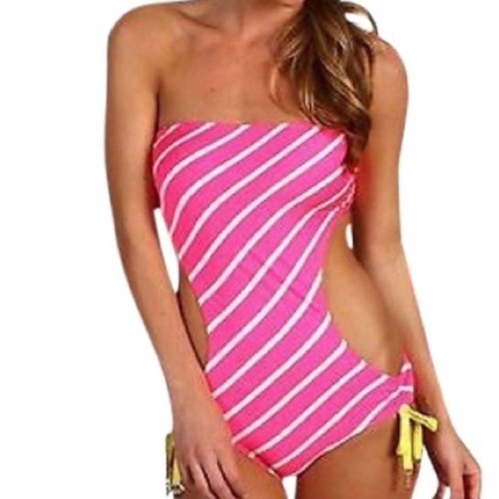 Juicy Couture neon pink/white bandeau monokini one piece swimsuit